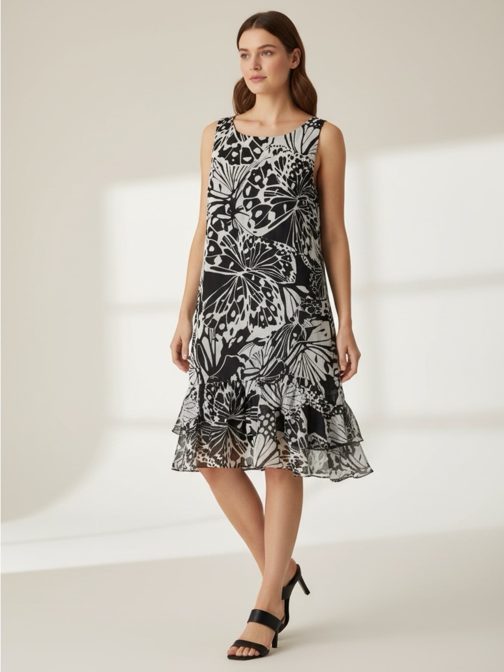 New Dkny Black and White Floral Print Ruffle-Hem Midi Dress size 16